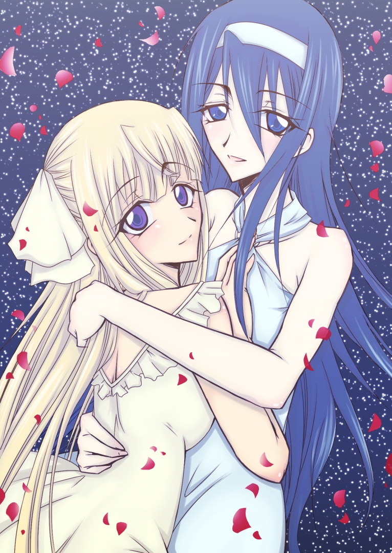 00s, 2girls, alternate_color, bad_id, bad_pixiv_id, bare_shoulders, blonde_hair, blue_dress