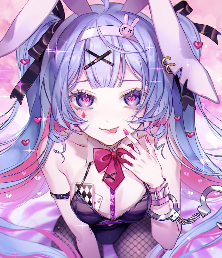 1girl, :p, absurdres, ahoge, animal_ears, black_leotard, black_ribbon, blue_hair, bow, bowtie, brown_pantyhose, card, center-flap_bangs, collarbone, colored_inner_hair, cuffs, detached_collar, facial_mark, facing_viewer, fingernails, fishnet_pantyhose, fishnets, hair_between_eyes, hair_ornament, hair_ribbon, hairband, handcuffs, hatsune_miku, heart, heart-shaped_pupils, heart_hair_ornament, highres, kneeling, leotard, long_hair, multicolored_hair, nail_polish, oguraazuki186, pantyhose, pink_bow, pink_bowtie, pink_hair, pink_nails, playboy_bunny, playing_card, rabbit_ears, rabbit_hole_(vocaloid), ribbon, symbol-shaped_pupils, teardrop_facial_mark, tongue, tongue_out, twintails, very_long_hair, vocaloid, white_hairband, x_hair_ornament