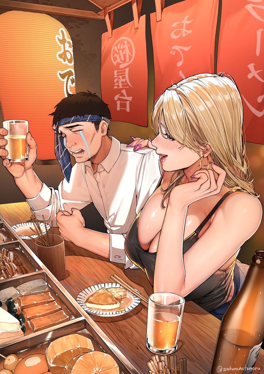1boy, 1girl, :d, alcohol, bare_shoulders, beer, black_eyes, black_hair, blonde_hair, blush, bottle, breasts, commentary_request, crying, cup, denim, drinking_glass, food, highres, holding, holding_cup, jeans, large_breasts, long_hair, necktie_around_head, oden, open_mouth, original, pants, purple_nails, sakura_no_tomoru_hi_e, sitting, smile, tank_top, tears