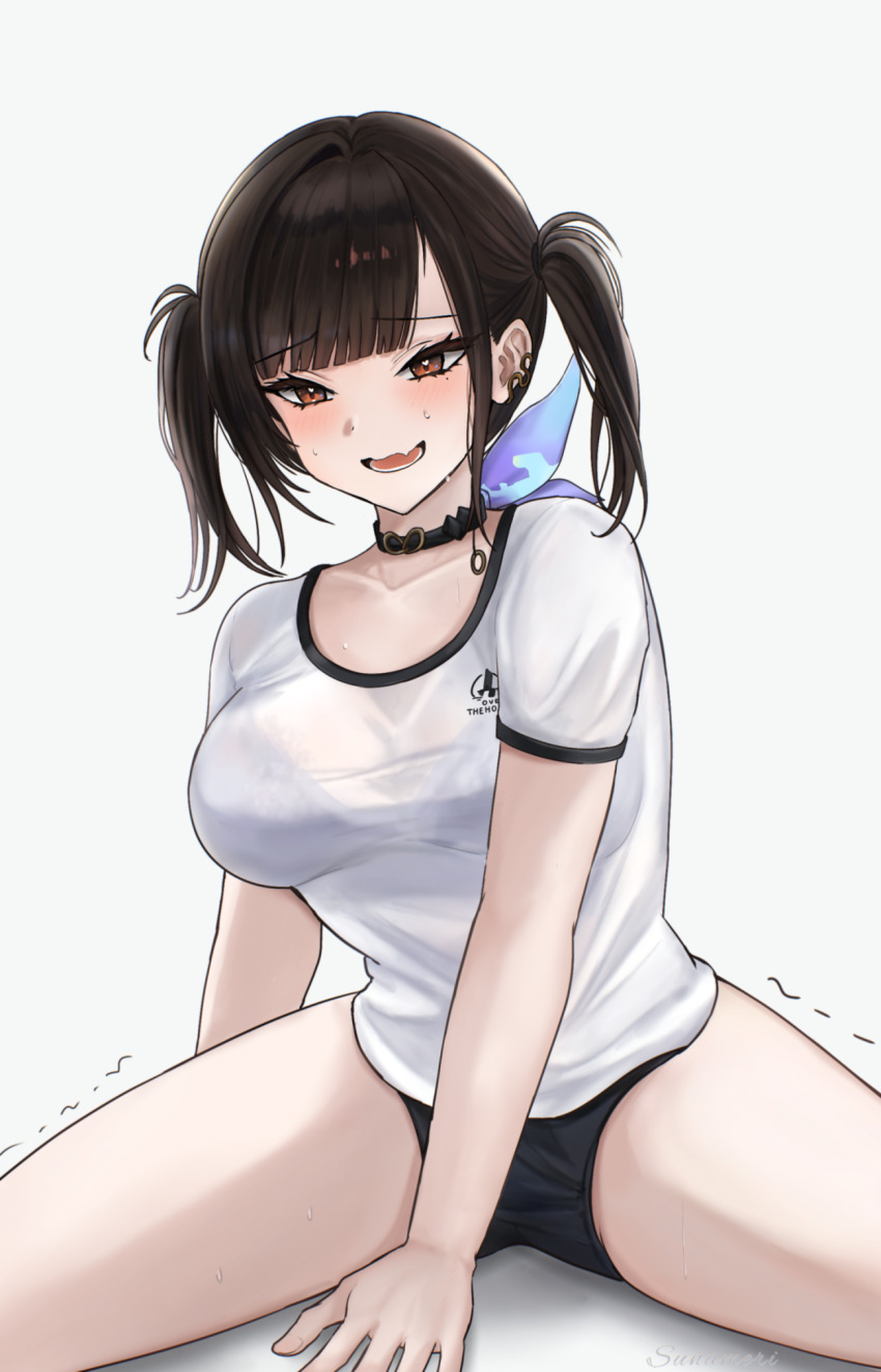 1girl, between_legs, black_bra, black_buruma, black_hair, blush, bra, bra_visible_through_clothes