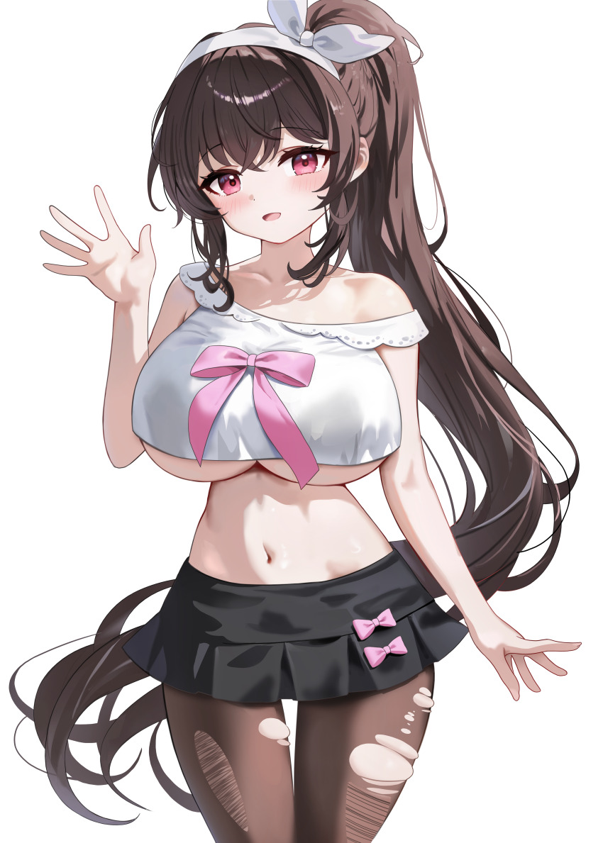 1girl, absurdres, arme_(cgsy7484), black_hair, black_pantyhose, black_skirt, blush, breast_press