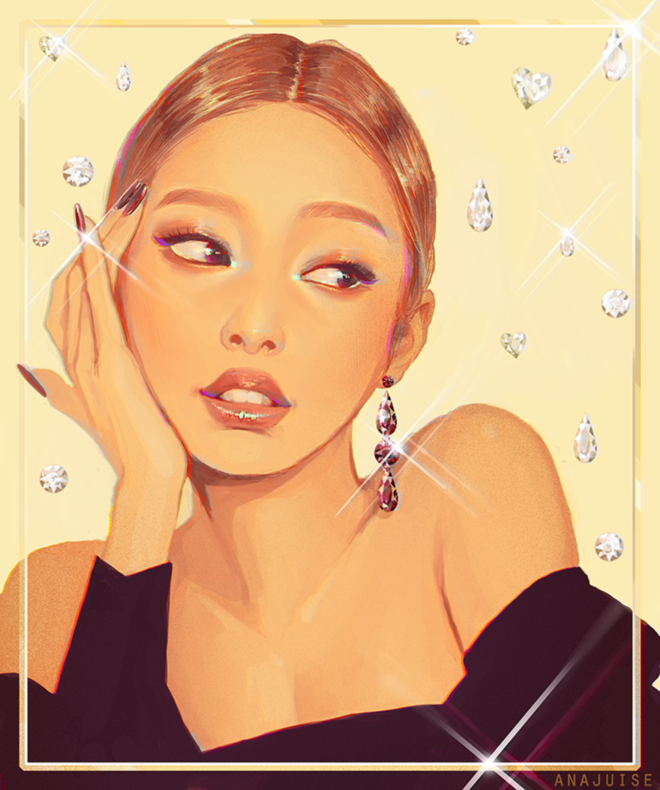 1girl, anajuise, artist_name, bare_shoulders, black_nails, blackpink, brown_hair, commentary, diamond_(gemstone), earrings, eyeshadow, hand_on_own_face, jennie_(blackpink), jewelry, k-pop, long_sleeves, looking_to_the_side, makeup, mascara, parted_lips, ponytail, real_life, solo, sparkle, upper_body