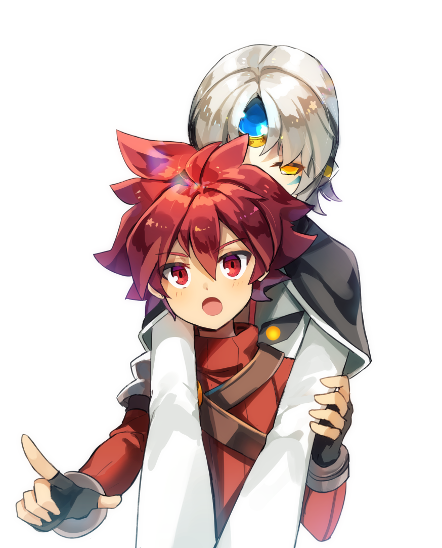 1boy, 1girl, another_code_(elsword), black_capelet, black_gloves, blue_gem, capelet, carrying
