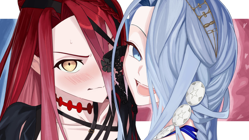 19_chisinlo, 2girls, bare_shoulders, black_dress, blue_eyes, blue_hair, blue_ribbon, blush