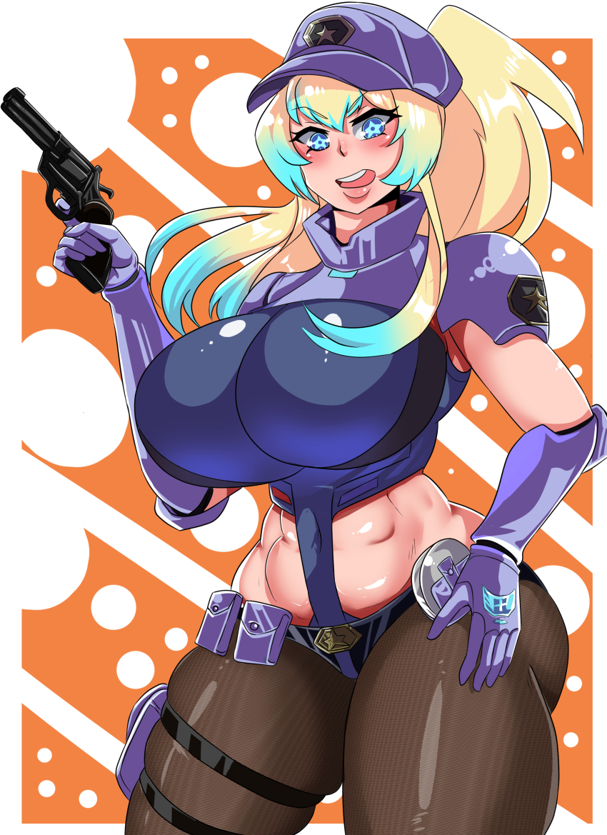 1girl, absurdres, belt, belt_pouch, black_belt, blonde_hair, blue_eyes, blue_hair