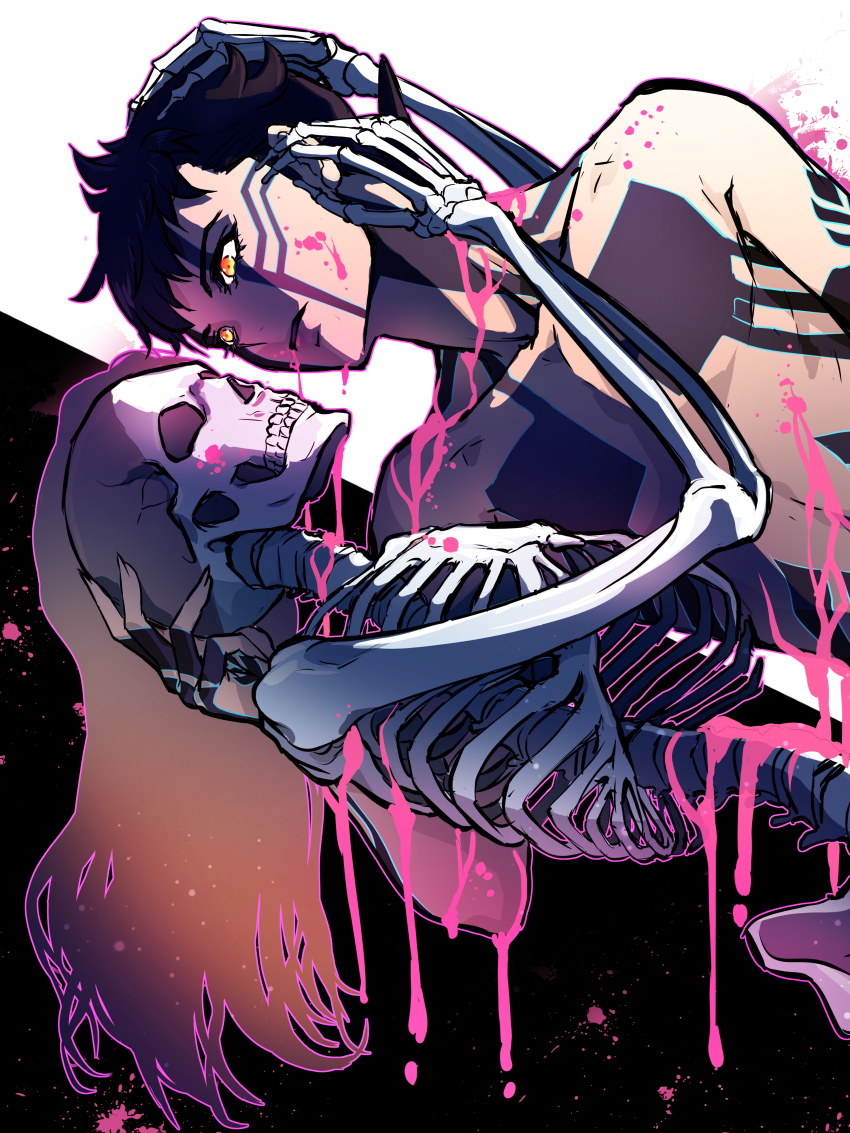 1boy, 1girl, absurdres, black_background, black_hair, blood, blood_drip, blood_from_mouth