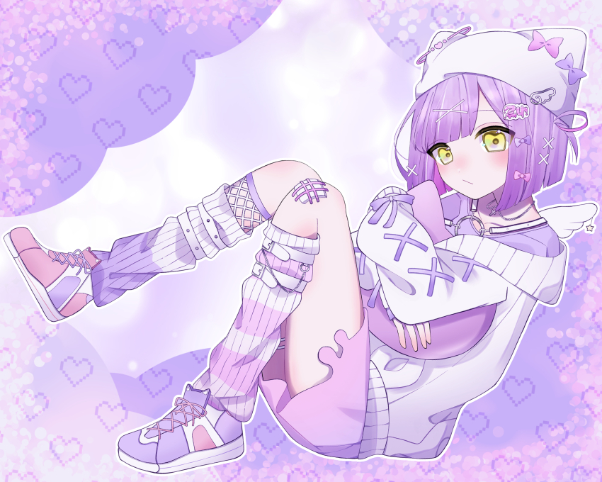 1girl, blush, bow, cardigan, chest_harness, closed_mouth, full_body, gauze_on_knee
