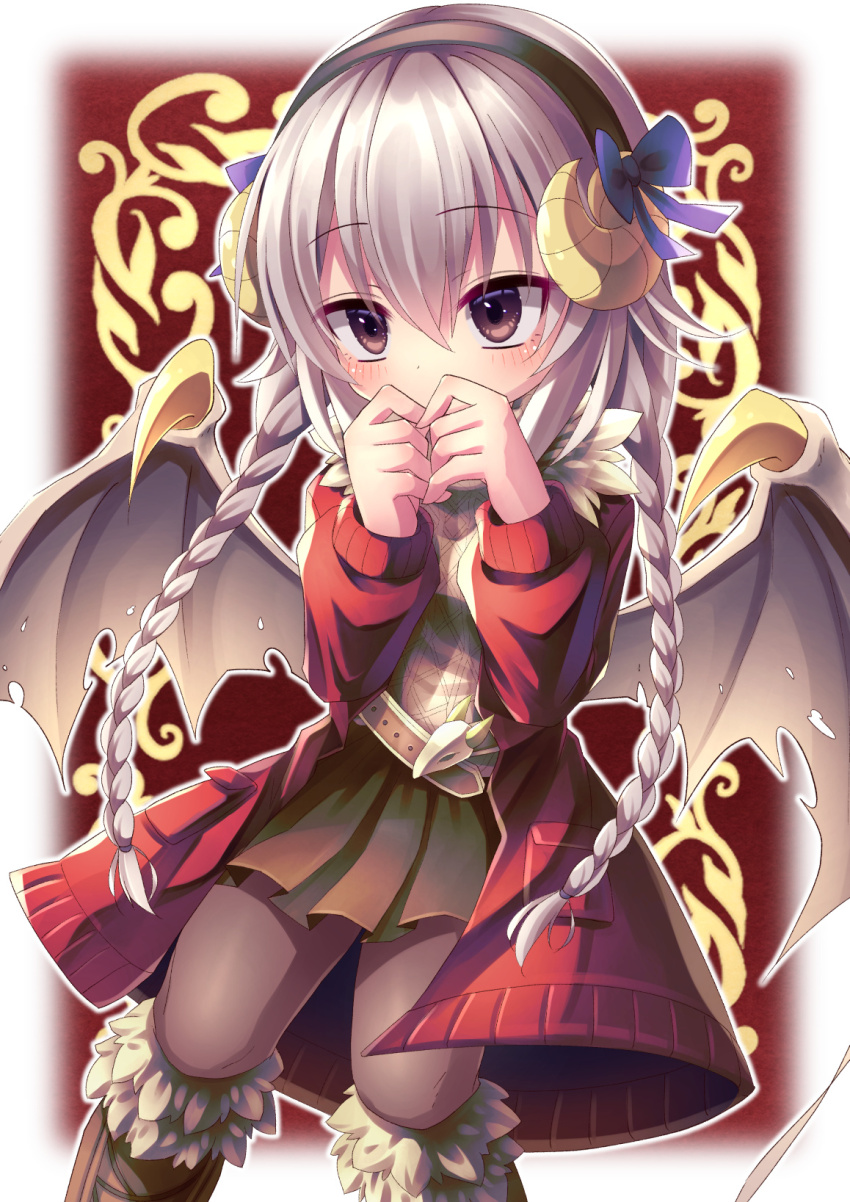 1girl, blue_ribbon, boots, braid, breasts, coat, demon_wings, emil_chronicle_online, hair_ribbon, hairband, highres, horns, long_hair, lucifero_lore, pantyhose, red_coat, red_eyes, ribbon, skirt, small_breasts, white_hair, white_wings, wings, yupi828