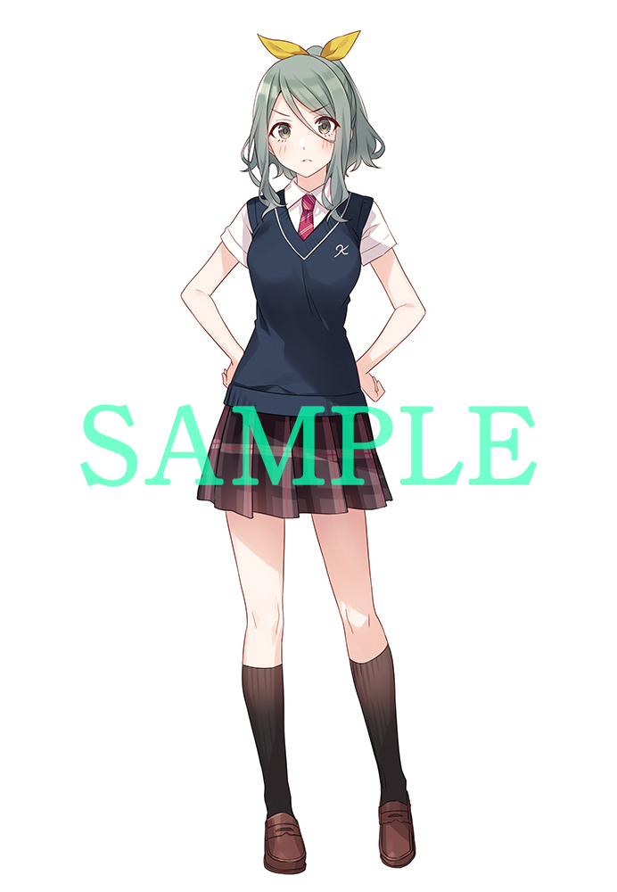 1girl, black_socks, blue_sweater_vest, blush, breasts, brown_shoes, closed_mouth, collared_shirt