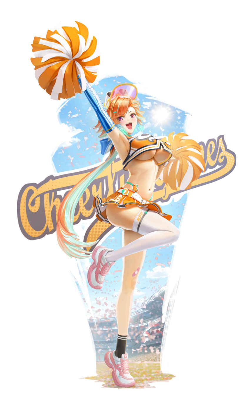 1girl, :d, absurdres, aqua_hair, aqua_panties, breasts, cheerleader, crop_top