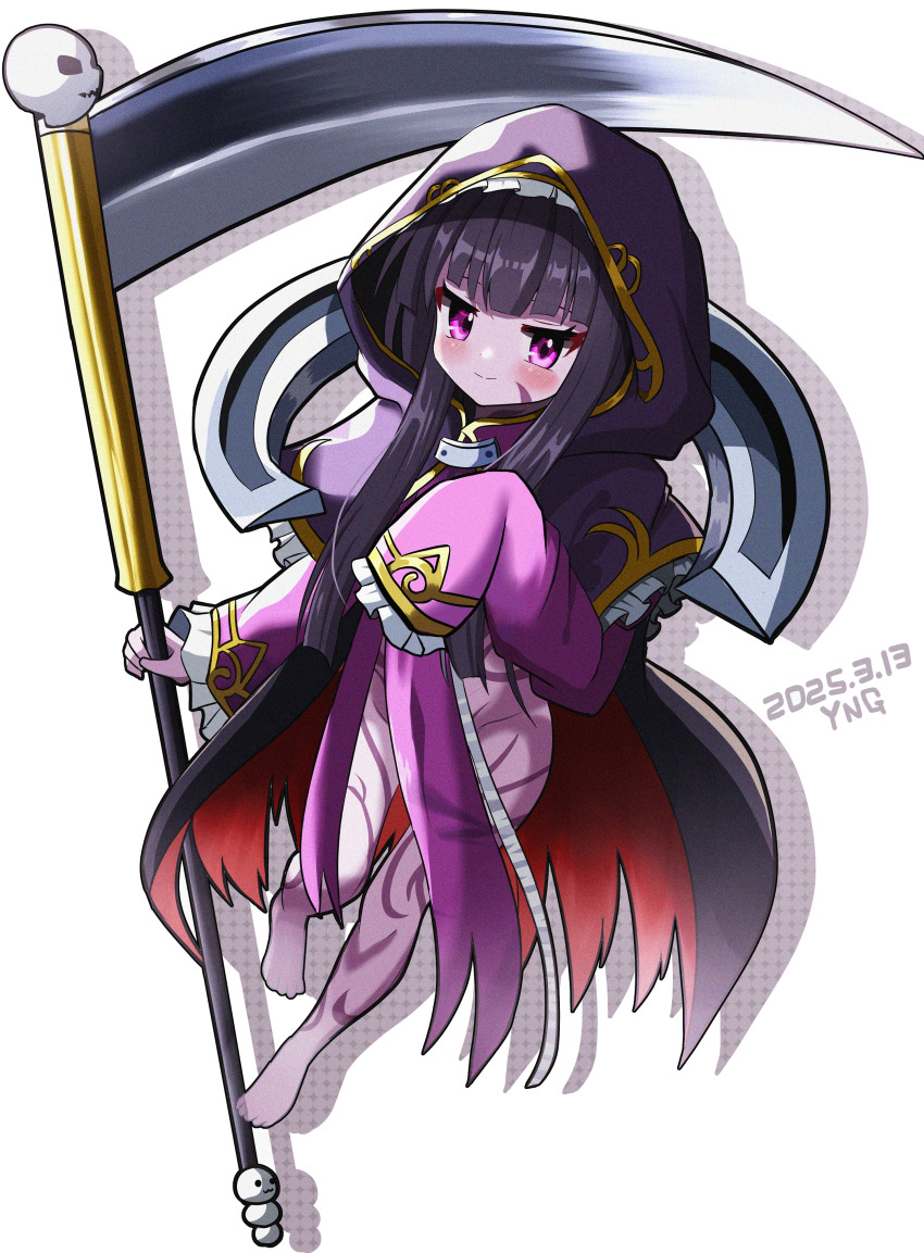 1girl, absurdres, artist_name, barefoot, black_hair, body_markings, cloak, colored_skin