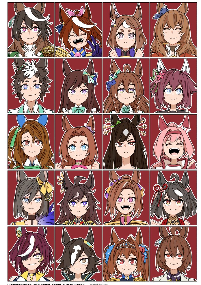 6+girls, agnes_tachyon_(tach-nology)_(umamusume), agnes_tachyon_(umamusume), air_groove_(empress_road)_(umamusume), air_groove_(umamusume), akitsu_teio_(umamusume), animal_ears, asuka_(junerabitts), black_hair, blue_eyes, brown_hair, daiwa_scarlet_(peak_blue)_(umamusume), daiwa_scarlet_(umamusume), duramente_(red_in_black)_(umamusume), duramente_(umamusume), ear_covers, haru_urara_(bestest_prize)_(umamusume), haru_urara_(umamusume), horse_ears, horse_girl, kawakami_princess_(princess_of_pink)_(umamusume), kawakami_princess_(umamusume), king_halo_(king_of_emeralds)_(umamusume), king_halo_(umamusume), kitasan_black_(gilded_shrine_to_glory)_(umamusume), kitasan_black_(umamusume), looking_at_viewer, maruzensky_(formula_r)_(umamusume), maruzensky_(umamusume), mejiro_bright_(brunissage_line)_(umamusume), mejiro_bright_(umamusume), mejiro_dober_(off_the_line)_(umamusume), mejiro_dober_(umamusume), mejiro_ryan_(down_the_line)_(umamusume), mejiro_ryan_(umamusume), multicolored_hair, multiple_drawing_challenge, multiple_girls, pink_hair, portrait, purple_eyes, red_eyes, sakura_bakushin_o_(blossom_in_learning)_(umamusume), sakura_bakushin_o_(umamusume), sakura_chiyono_o_(strength_in_full_bloom)_(umamusume), sakura_chiyono_o_(umamusume), streaked_hair, symboli_rudolf_(emperor's_path)_(umamusume), symboli_rudolf_(umamusume), tanino_gimlet_(embodiment_of_keravnos)_(umamusume), tanino_gimlet_(umamusume), tiara, tokai_teio_(peak_joy)_(umamusume), tokai_teio_(umamusume), tsurumaru_tsuyoshi_(dream_bold_stand_tall_tsuyoshi!)_(umamusume), tsurumaru_tsuyoshi_(umamusume), twintails, umamusume, umamusume_horse_relations, v, vodka_(umamusume), vodka_(wild_top_gear)_(umamusume)