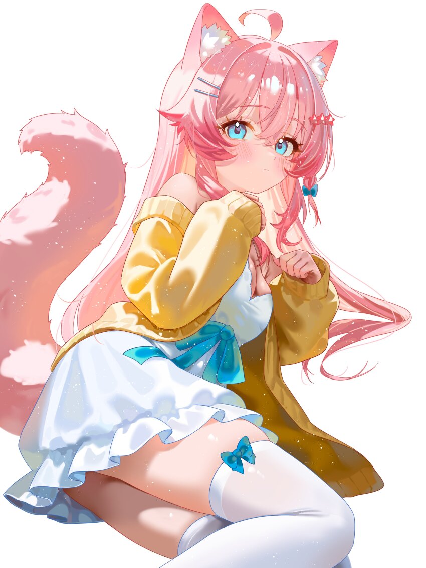 1girl, absurdres, ahoge, animal_ear_fluff, animal_ears, bare_shoulders, blue_eyes, blue_ribbon