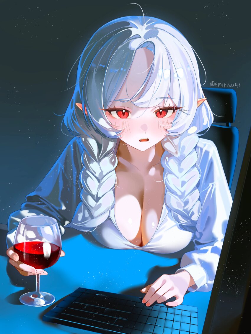 1girl, absurdres, alcohol, blush, braid, breasts, chair, cleavage