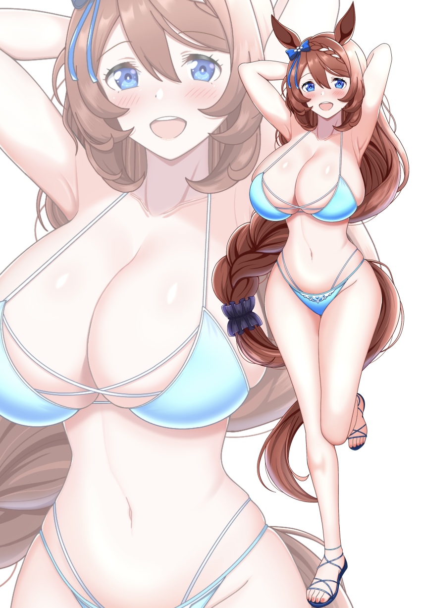 1girl, absurdres, amadeus_(amadeus08462844), animal_ears, armpits, bikini, blue_bikini, blue_bow, blue_eyes, blush, bow, braid, breasts, brown_hair, highres, horse_ears, horse_girl, huge_breasts, long_hair, looking_at_viewer, single_braid, solo, super_creek_(umamusume), swimsuit, umamusume, white_background