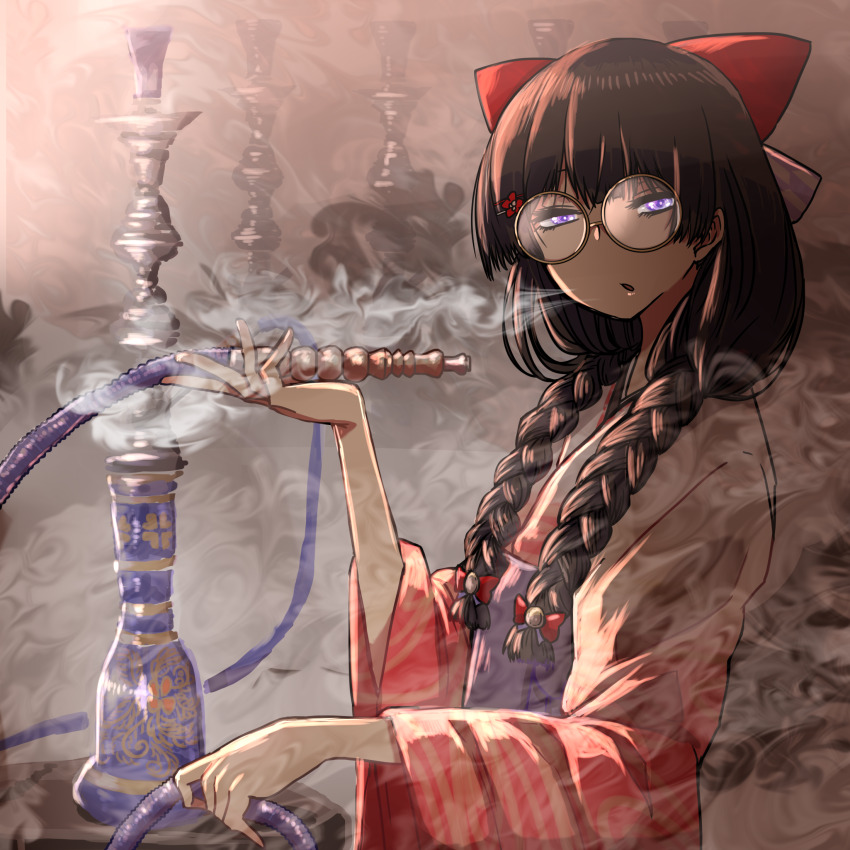 1girl, black_hair, blowing_smoke, blue_hakama, bong, bow, braid, commentary_request
