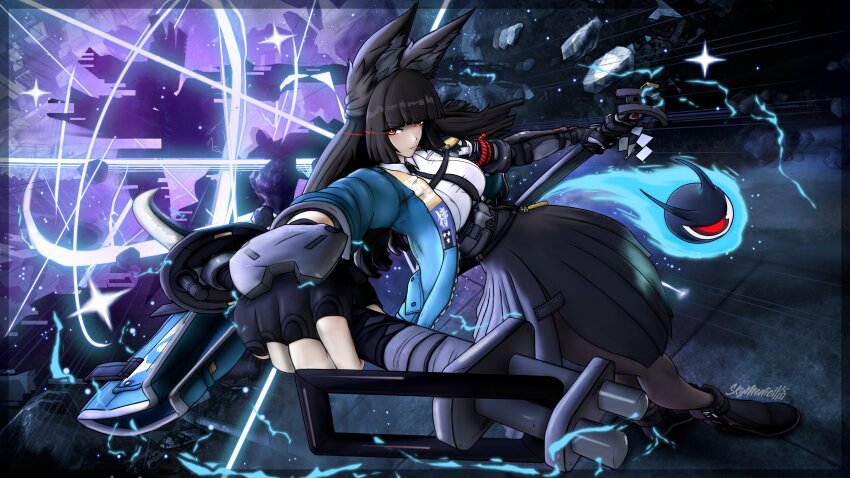 1girl, absurdres, animal_ear_fluff, animal_ears, black_hair, dynamic_pose, highres, holding