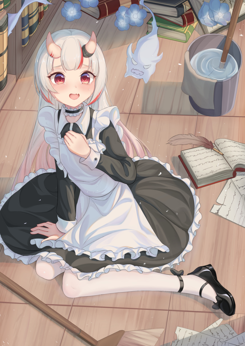 1girl, absurdres, accident, alternate_costume, apron, arm_support, black_bow, black_choker