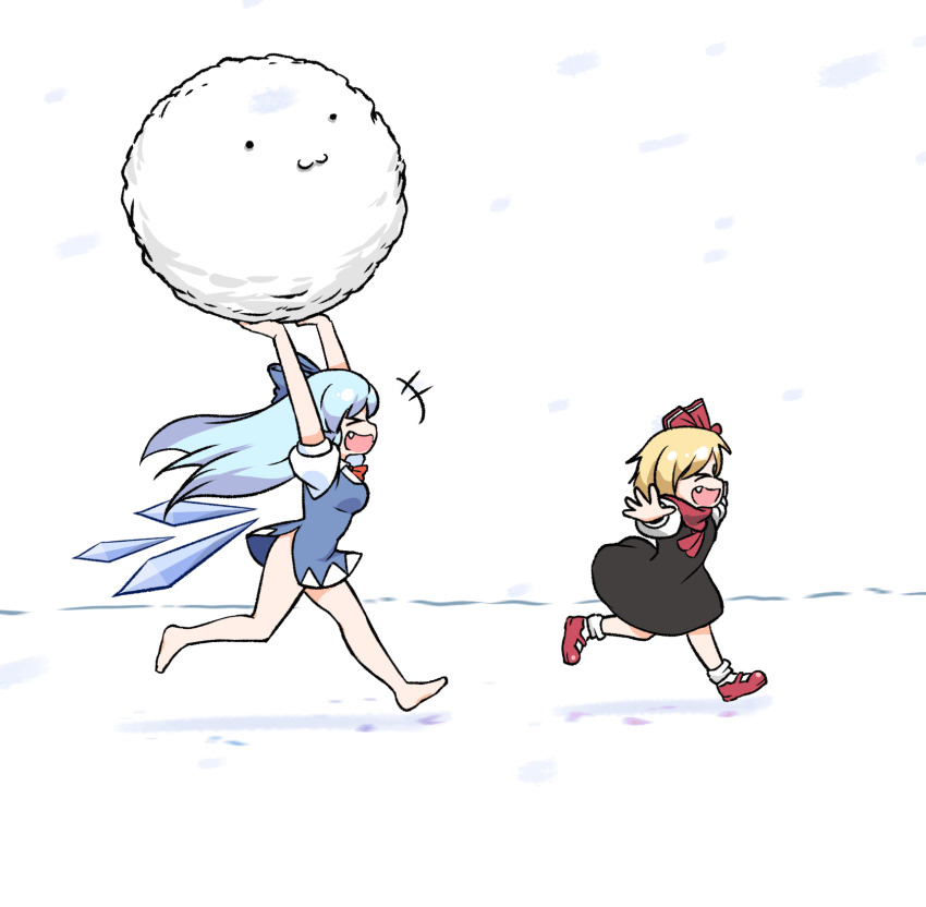 >_<, 2girls, :3, :d, alternate_hair_length, alternate_hairstyle, animated, animated_gif, barefoot, bilingual_commentary, black_dress, blonde_hair, blue_bow, blue_hair, blue_wings, boots, bow, bowtie, breasts, cirno, closed_eyes, commentary, dress, english_commentary, fang, flat_chest, hair_bow, highres, holding, holding_snowball, ice, ice_wings, korean_commentary, long_hair, looping_animation, mary_janes, medium_breasts, mirae_somang, mixed-language_commentary, multiple_girls, open_mouth, puffy_short_sleeves, puffy_sleeves, red_boots, red_bow, red_bowtie, rumia, running, shoes, short_dress, short_hair, short_sleeves, side_slit, simple_background, smile, snow, snowball, socks, touhou, two-tone_dress, white_background, white_dress, white_socks, wings