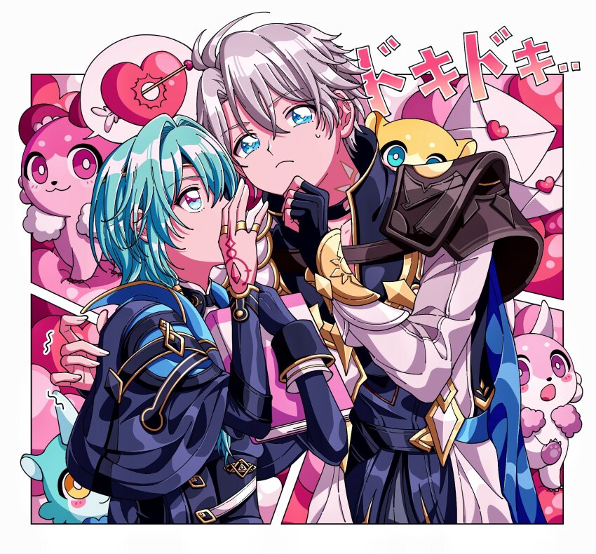 2boys, anaxa_(honkai:_star_rail), antenna_hair, aqua_hair, black_gloves, black_jacket, blue_eyes, chimera_(honkai:_star_rail)