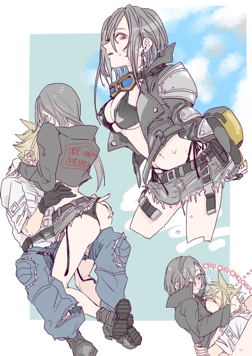 1boy, 1girl, arms_around_another's_back, ass, baseball_cap, belt, between_breasts, bikini, black_bikini, black_gloves, black_hair, black_jacket, blonde_hair, blue_pants, blue_sky, blush, breast_pillow, breasts, cleavage, closed_eyes, cloud, cloud_strife, cloud_strife_(rider_style), cloudy_sky, commentary_request, couple, cowboy_shot, cropped_legs, earrings, final_fantasy, final_fantasy_vii, final_fantasy_vii:_ever_crisis, frayed_skirt, full_body, gloves, goggles, goggles_around_neck, grey_skirt, hand_on_another's_ass, hand_on_another's_waist, hat, head_between_breasts, heart, hetero, highleg, highleg_bikini, highres, hug, jacket, jewelry, large_breasts, leg_lock, long_hair, miniskirt, multiple_views, navel, official_alternate_costume, open_clothes, open_jacket, oshibainoticket, pants, parted_lips, red_eyes, shirt, side-tie_bikini_bottom, single_earring, sitting, sitting_on_lap, sitting_on_leg, sitting_on_person, skirt, sky, spiked_hair, stomach, swimsuit, tifa_lockhart, tifa_lockhart_(lifeguard), torn_clothes, torn_pants, torn_shirt, unworn_hat, unworn_headwear, upper_body, wet, white_shirt