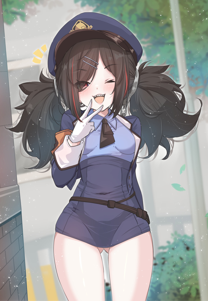 1girl, :d, absurdres, azur_lane, black_hair, black_necktie, blue_hat, blush, breasts, commentary, covered_navel, gloves, gluteal_fold, hair_ornament, hairclip, hand_up, hat, highres, looking_at_viewer, low_twintails, medium_hair, mikuchi3939, multicolored_hair, necktie, notice_lines, official_alternate_costume, one_eye_closed, open_mouth, outdoors, peaked_cap, police, police_hat, police_uniform, policewoman, red_eyes, red_hair, red_streaks, sharp_teeth, simple_background, small_breasts, smile, solo, teeth, twintails, u-37_(azur_lane), u-37_(safekeeper_of_the_streets)_(azur_lane), v, white_background, white_gloves