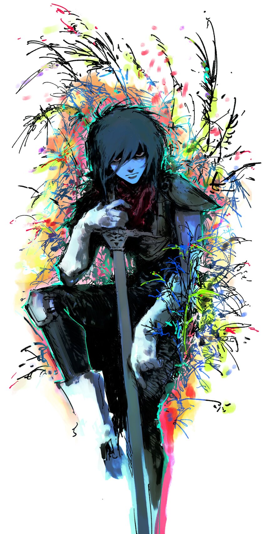 1other, absurdres, androgynous, armor, bandage_player, black_hair, blue_skin, colored_skin, deltarune, elbow_gloves, foot_out_of_frame, gloves, highres, holding, holding_sword, holding_weapon, knee_pads, kris_(dark_world)_(deltarune), kris_(deltarune), looking_at_viewer, other_focus, pauldrons, red_eyes, shaded_face, short_hair, shoulder_armor, sitting, solo, sword, utdr_(toby_fox), weapon, white_background, white_gloves