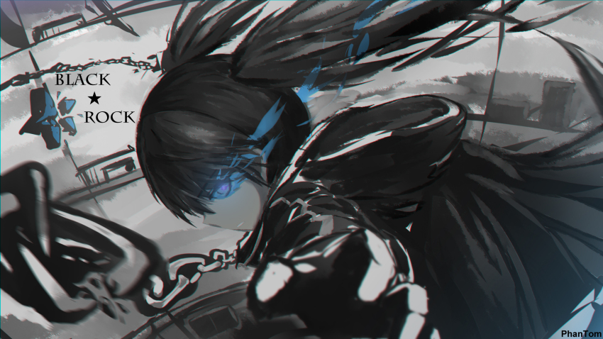 1girl, black_coat, black_rock_shooter, black_rock_shooter_(character), blue_fire, chain, coat, fire