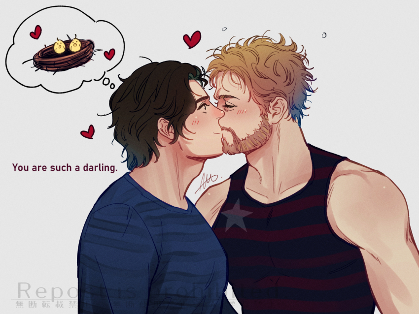 2boys, bare_shoulders, beard, black_hair, black_tank_top, blonde_hair, blue_eyes, blue_shirt