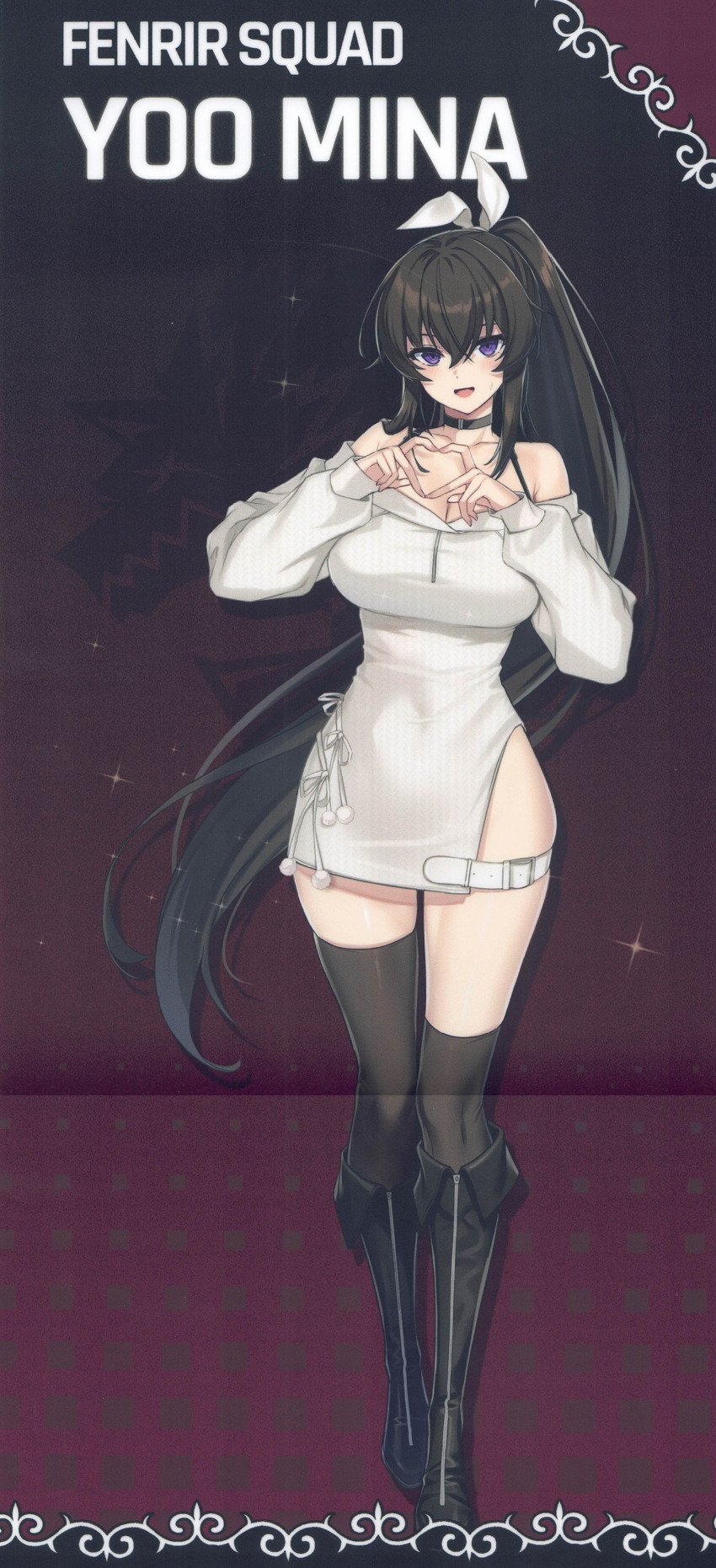 absurdres, asymmetrical_legwear, bare_shoulders, black_boots, black_thighhighs, boots, breasts, brown_hair