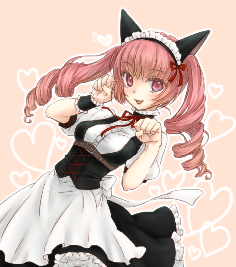 1girl, akiha_rumiho, animal_ears, apron, bad_id, bad_pixiv_id, blush, drill_hair, dutch_angle, faris_nyannyan, female_focus, heart, long_hair, maid, maid_apron, maid_headdress, menoto, open_mouth, paw_pose, pink_eyes, pink_hair, ribbon, science_adventure, solo, steins;gate, twin_drills, twintails, wrist_cuffs