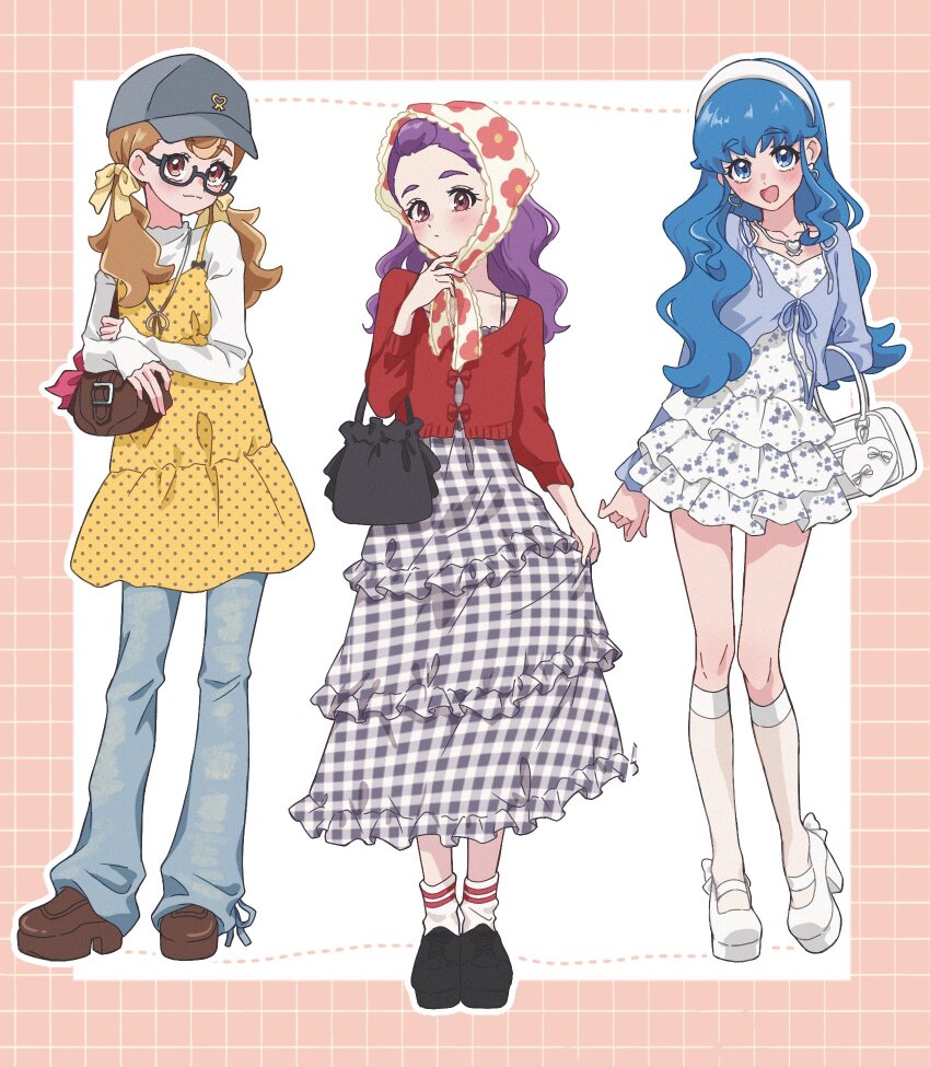 3girls, :3, alternate_costume, anime_coloring, arisugawa_himari, bag, bag_bow, baggy_pants