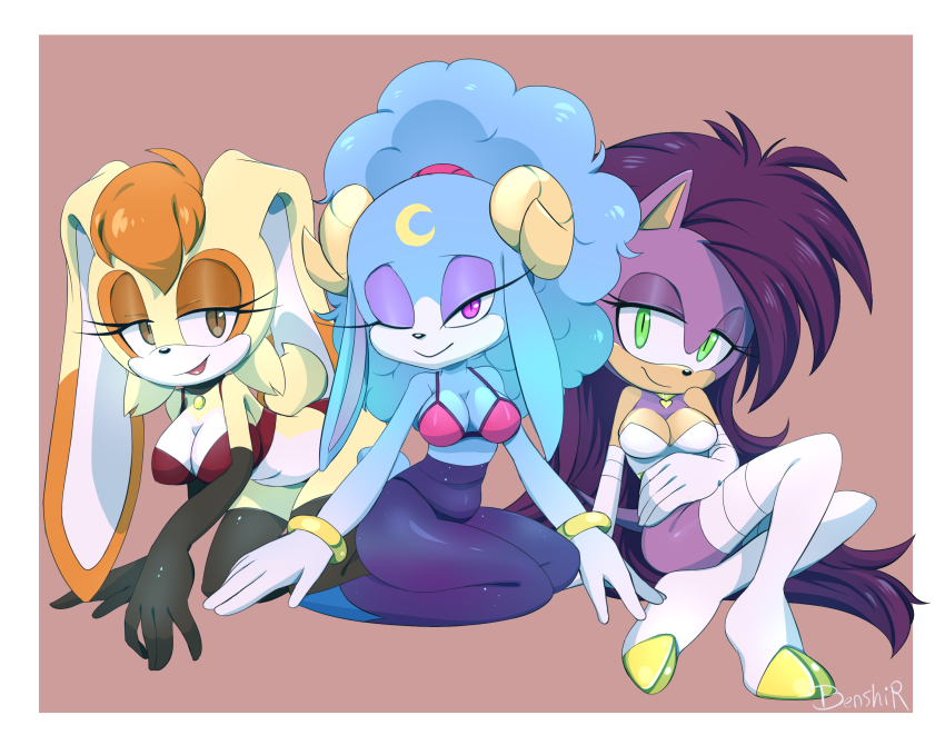 3girls, ariem_(sonic), benshir125, bra, breasts, brown_eyeshadow, brown_hair, cleavage