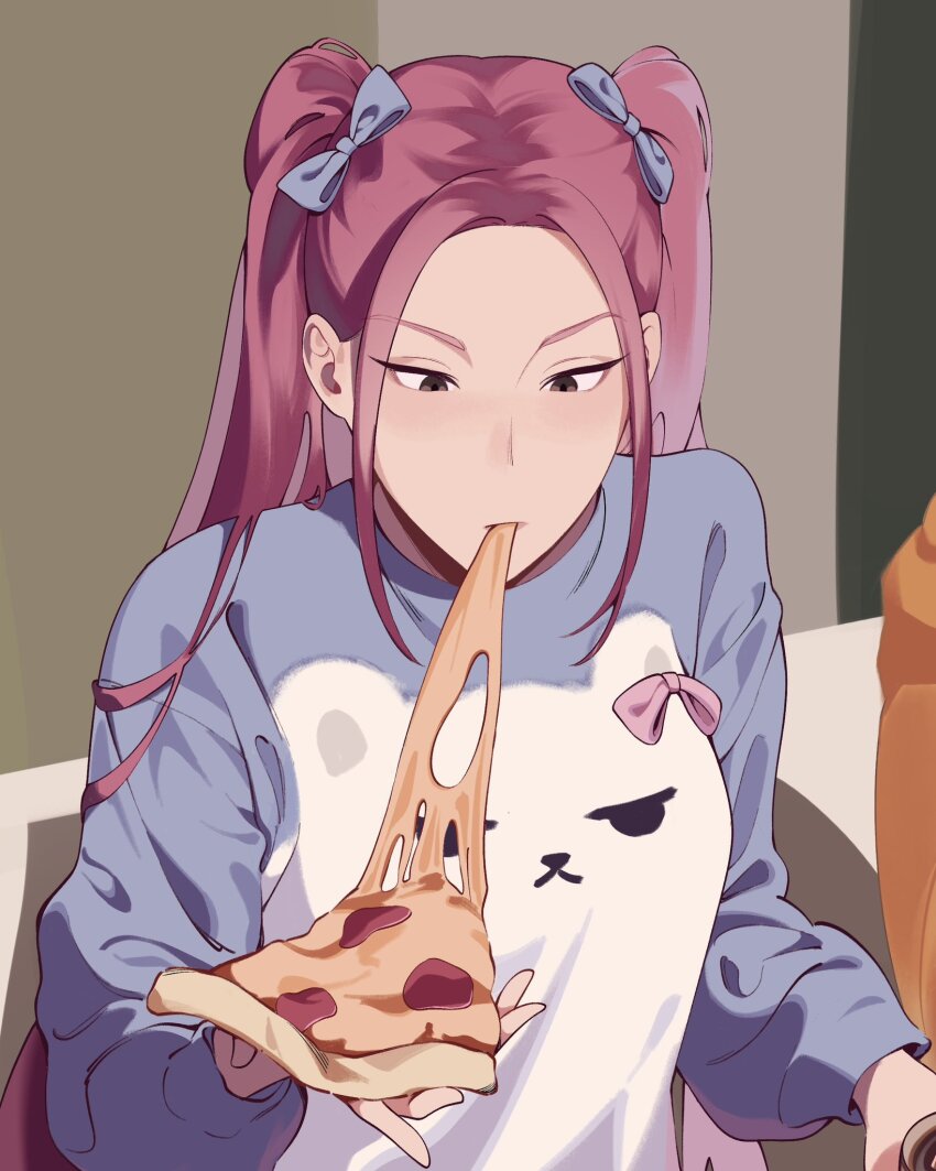 1girl, alternate_costume, bow, brown_eyes, eating, food, food_in_mouth, hair_bow