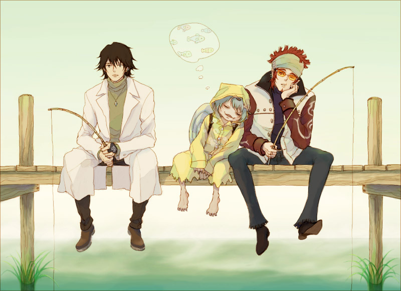 00s, 3boys, amefurikozoo, antennae, bad_id, bad_pixiv_id, bandana, barefoot