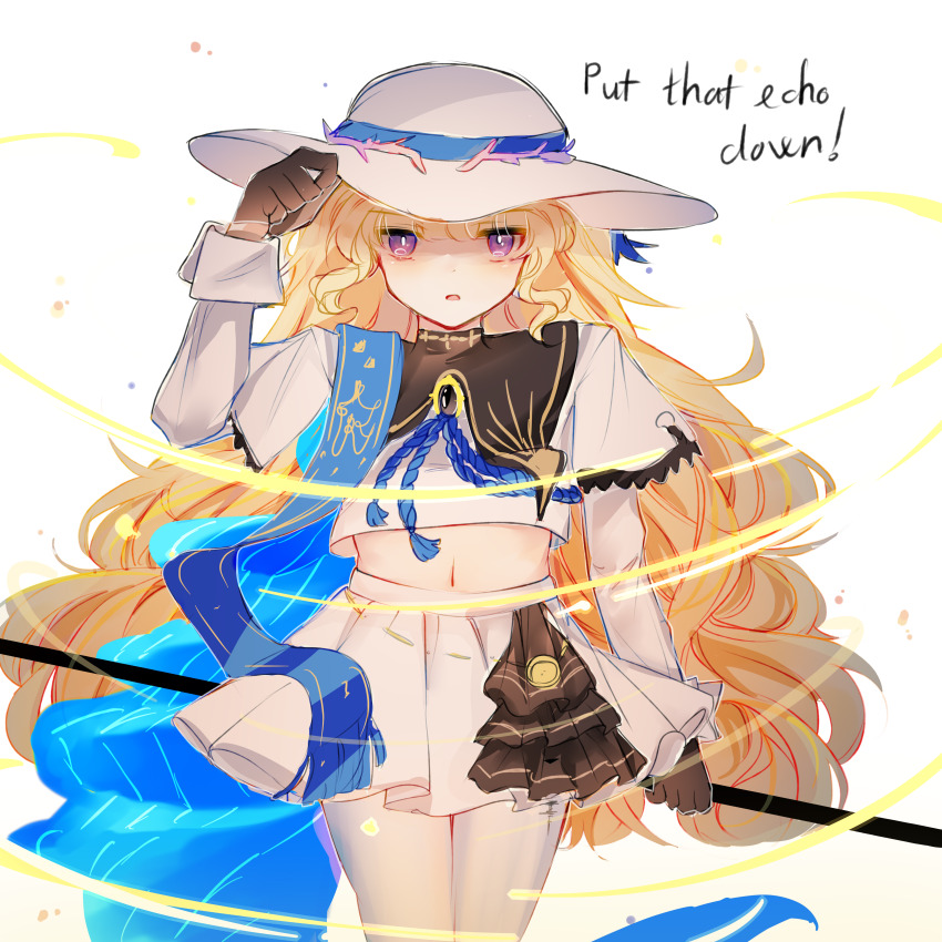 1girl, absurdres, adjusting_clothes, adjusting_headwear, black_collar, black_gloves, blonde_hair, blue_sash