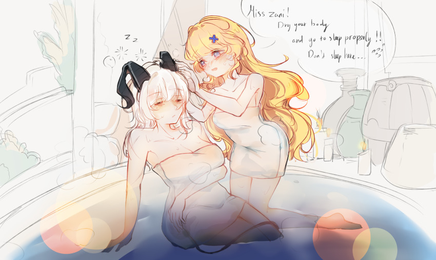 2girls, absurdres, black_horns, black_tail, blonde_hair, blue_eyes, blush, breasts