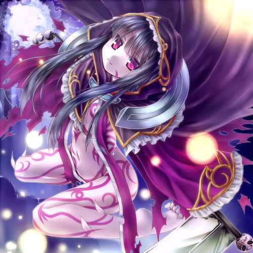 1girl, barefoot, black_hair, body_markings, cloak, death_alma, emil_chronicle_online, ghost