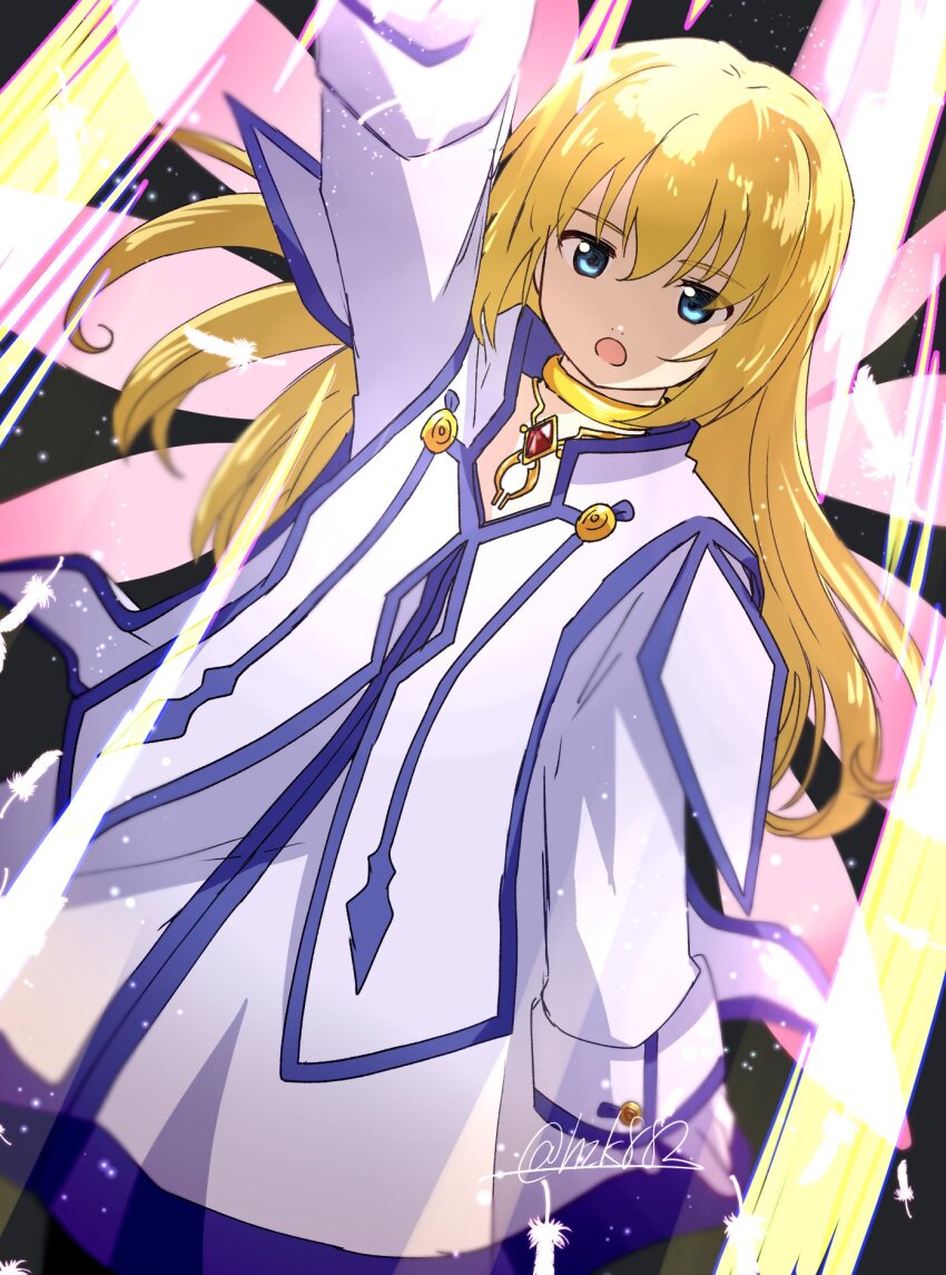 1girl, blonde_hair, blue_eyes, blue_trim, colette_brunel, commentary_request, dress, floating_hair