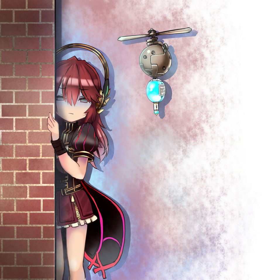 1girl, ajitarou_(setsu), automedic_alma, blue_eyes, brick, drone, emil_chronicle_online, empty_eyes