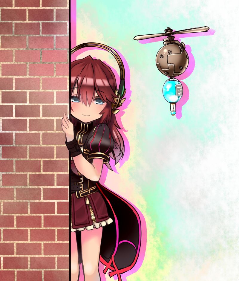 1girl, ajitarou_(setsu), automedic_alma, blue_eyes, brick, drone, emil_chronicle_online, frilled_skirt