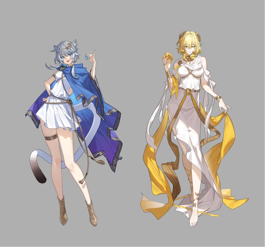 2girls, :d, absurdres, aglaea_(honkai:_star_rail), alternate_costume, animal_ears, bare_legs, bare_shoulders, barefoot, blonde_hair, blue_cape, blue_eyes, bracelet, cape, cat_ears, cipher_(honkai:_star_rail), dress, grey_background, grey_hair, highres, holding, honkai:_star_rail, honkai_(series), jewelry, little_modao, looking_at_viewer, multiple_girls, open_mouth, shoes, short_dress, short_hair, simple_background, smile, standing, thigh_strap, white_dress