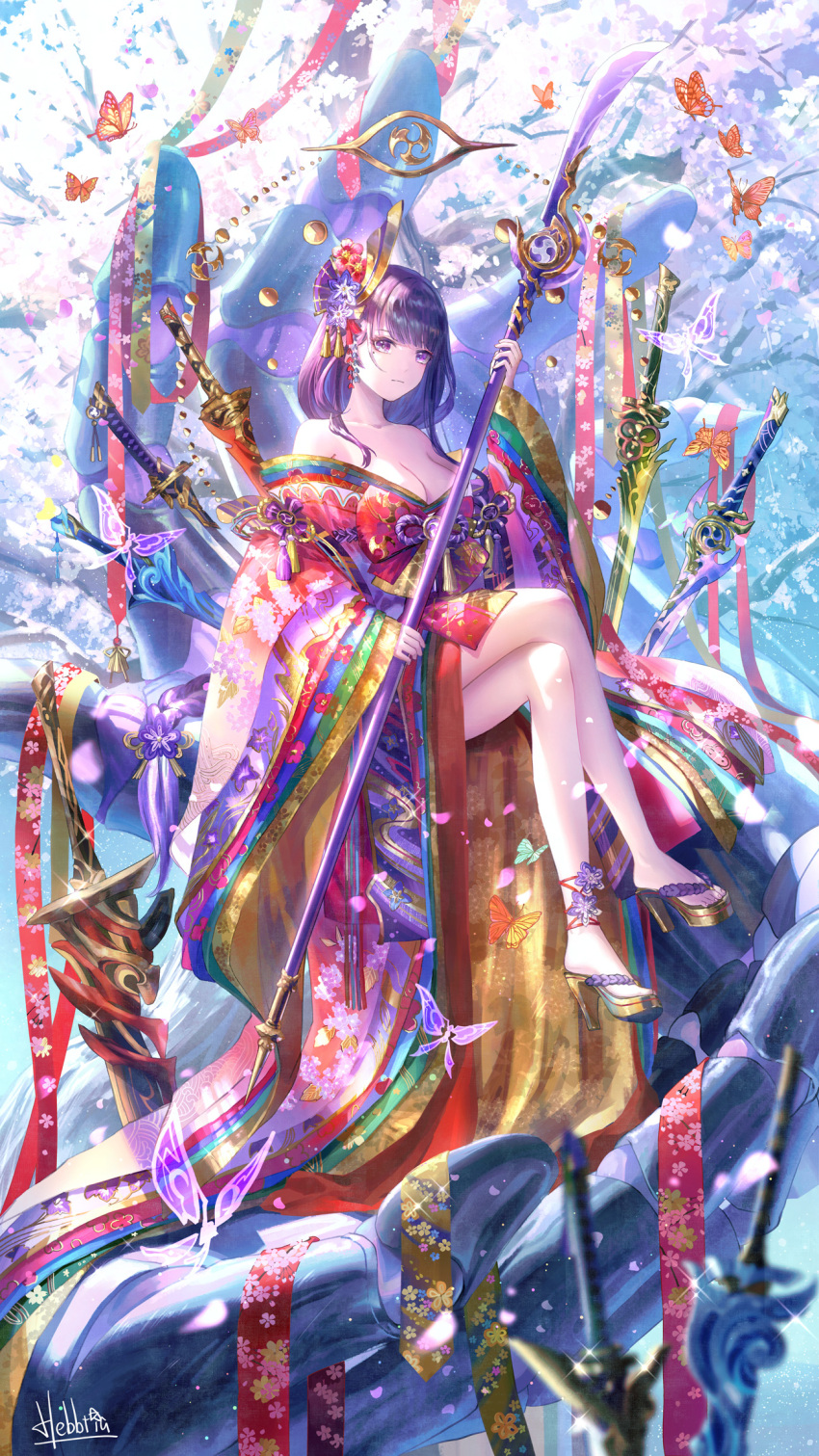 1girl, alternate_costume, amenoma_kageuchi_(genshin_impact), bare_legs, breasts, cherry_blossoms, chinese_commentary, cleavage