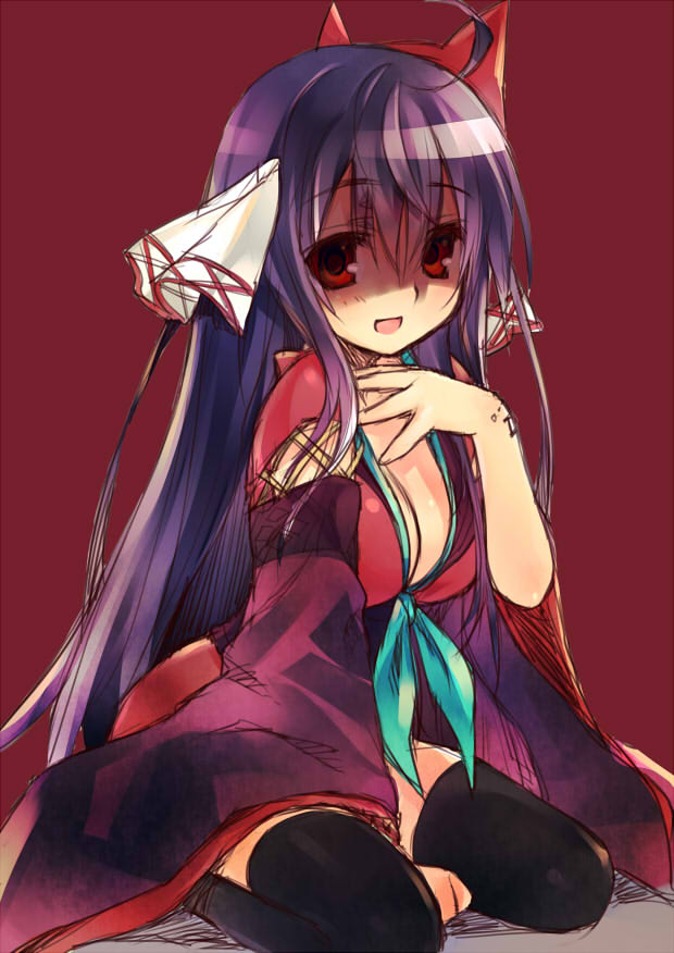 1girl, ahoge, black_hair, black_thighhighs, breasts, cleavage, emil_chronicle_online, hair_ornament