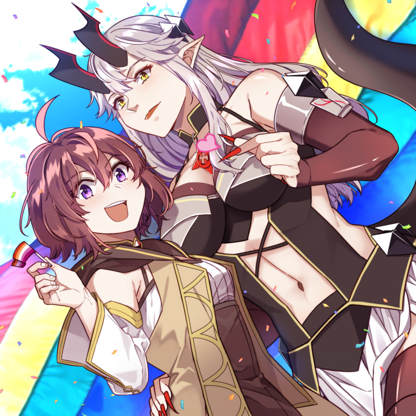 :d, ahoge, breasts, brown_hair, brown_lips, color-les, commentary, couple