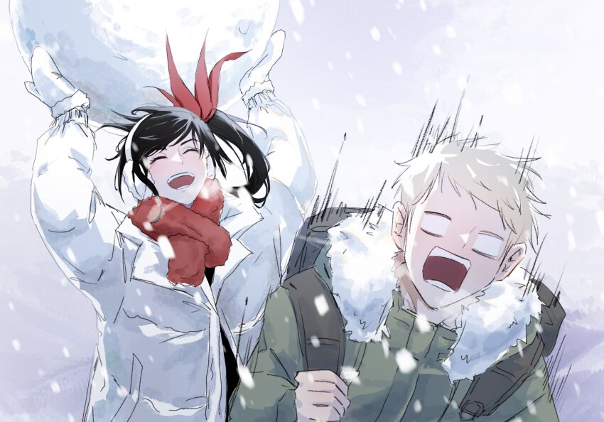 1boy, 1girl, backpack, bag, black_hair, closed_eyes, coat, earmuffs