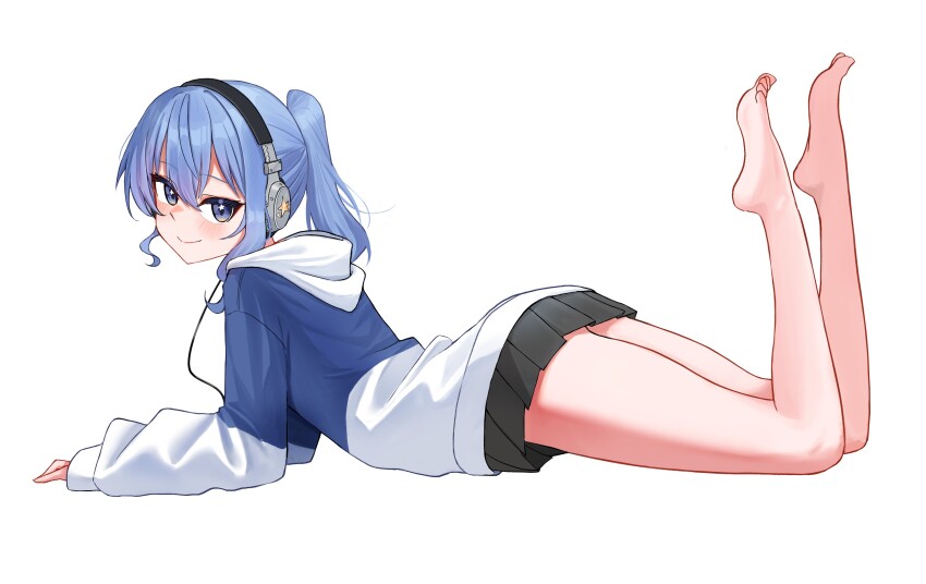 1girl, absurdres, asymmetrical_sidelocks, barefoot, black_skirt, blue_eyes, blue_hair, blue_jacket, chrispy_tuna, closed_mouth, commentary, double-parted_bangs, english_commentary, feet, feet_up, from_side, full_body, hair_between_eyes, headphones, highres, hololive, hood, hooded_jacket, hoshimachi_suisei, hoshimachi_suisei_(11th_costume), jacket, long_hair, looking_at_viewer, lying, miniskirt, multicolored_jacket, official_alternate_costume, on_stomach, pleated_skirt, ponytail, sidelocks, simple_background, skirt, sleeves_past_wrists, smile, solo, star_(symbol), star_in_eye, symbol_in_eye, the_pose, two-tone_jacket, virtual_youtuber, white_background, white_jacket