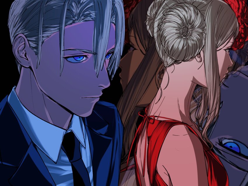 1boy, 1girl, alternate_costume, alternate_hairstyle, amikoiiko, backless_dress, backless_outfit, beads