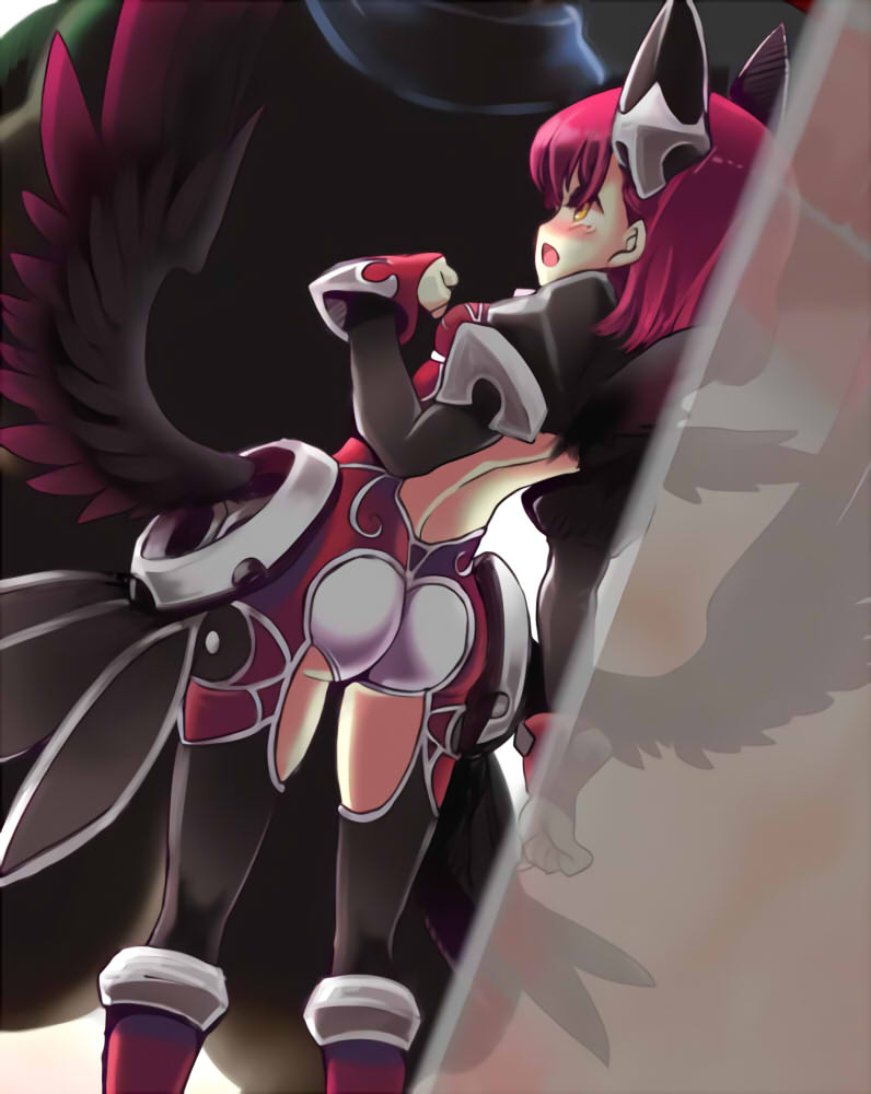 1boy, 1girl, ajitarou_(setsu), ass, black_wings, blush, bodysuit, breasts