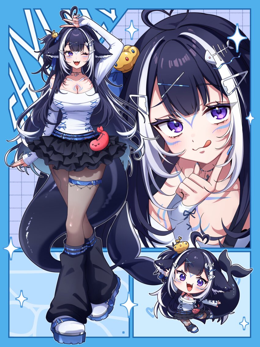 1girl, :q, absurdres, ahoge, black_hair, black_skirt, black_socks, body_markings